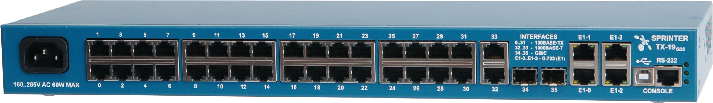 Sprinter TX (32FE), 4 интерфейса Е1, 32 интерфейса Fast Ethernet, 2 интерфейса Gigabit Ethernet, 2 гнезда SFP (Gigabit Ethernet)