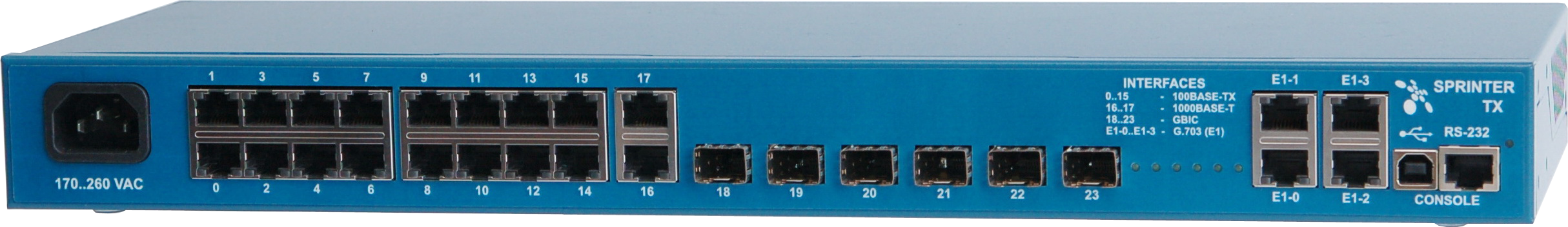 Sprinter TX (6SFP), 4 интерфейса Е1, 16 интерфейсов Fast Ethernet, 2 интерфейса Gigabit Ethernet, 6 гнезд SFP (Gigabit Ethernet)