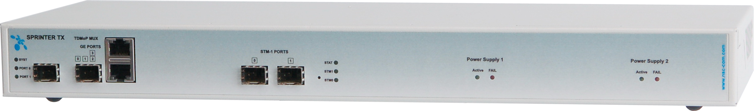 Sprinter TX (STM1), 2 интерфейса STM-1, 2 интерфейса Gigabit Ethernet, 2 гнезда SFP (Gigabit Ethernet), два сменных источника питания каждый из них -48В и ~220В